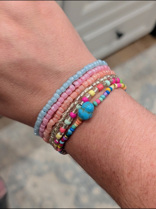 Handmade Jewelry - Pastel Multicolor Beaded Anklet/ Bracelet Set with Turquoise Accent